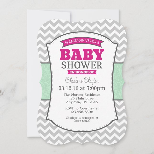 Hot Pink Mint Gray Zickzack Baby Dusche Einladung (Vorderseite)