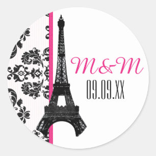 Hot Pink Mit Monogramm Damask Eiffelturm Hochzeit Runder Aufkleber