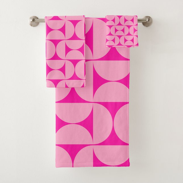 Hot Pink Mitte des Jahrhunderts Modernes Muster Badhandtuch Set (Insitu)