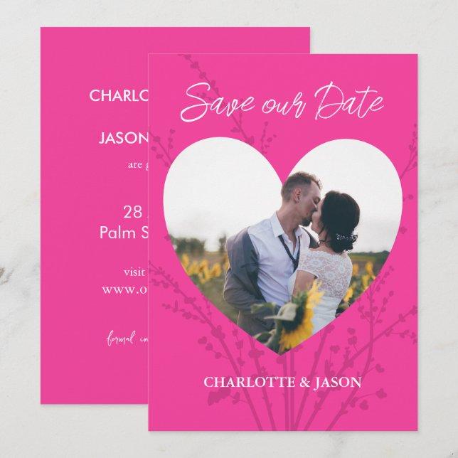 Hot Pink Modern Foto Herzrahmen Save the Date Einladung (Vorne/Hinten)