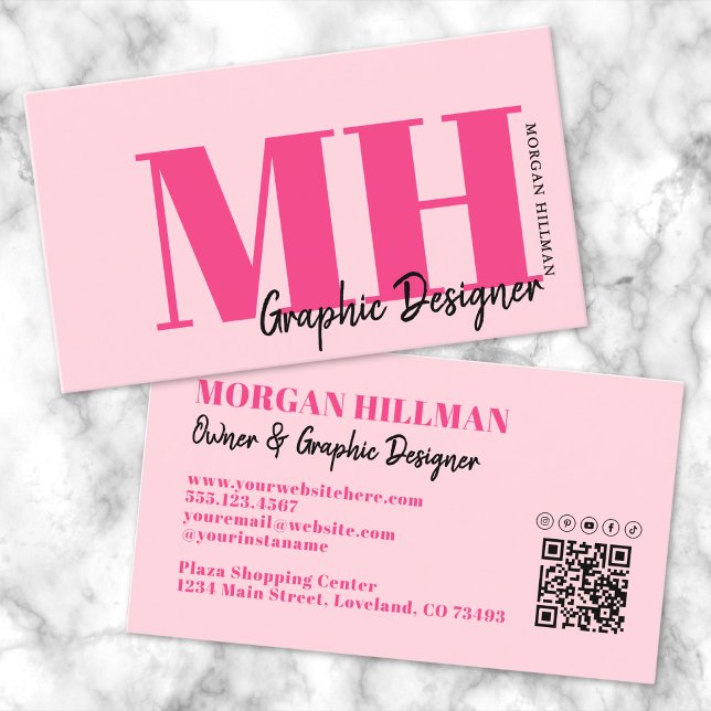 Hot Pink Modern QR Code Monogram Visitenkarte (Hot Pink Modern QR Code Monogram Business Card)