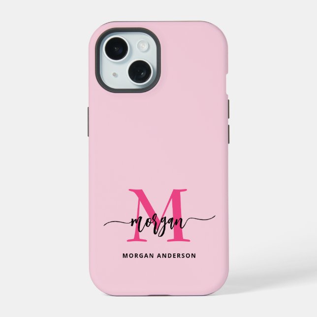 Hot Pink Modern Script Girl Monogram Name iPhone 15 Hülle (Rückseite)