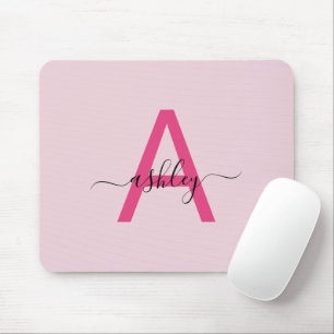 Hot Pink Modern Script Girl Monogram Name Mousepad