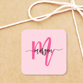 Hot Pink Modern Script Girl Monogram Name Quadratischer Aufkleber