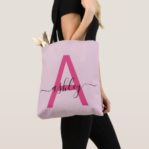 Hot Pink Modern Script Girl Monogram Name Tasche
