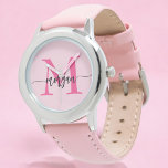 Hot Pink Modern Script Girls Monogram Name Armbanduhr<br><div class="desc">Mit unserer Hot Pink Modern Script Girls Monogram Name Watch mit Eleganz ergänzen! Dieses stilvolle Uhrwerk besticht durch ein lebendiges, heiß rosa Gesicht, das mit Ihrem Namen in einem schicken, modernen Drehbuch für ein einzigartiges, individuelles Aussehen personalisiert ist. Perfekt um jedem Outfit einen Pop Farbe hinzuzufügen, kombiniert es Mode mit...</div>