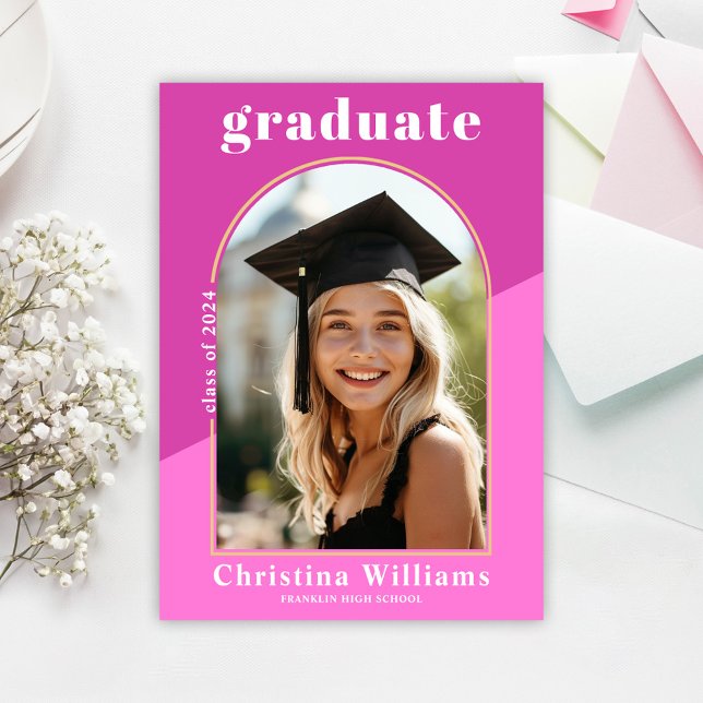 Hot Pink Moderne Foto Arch Graduation Party Einladung (Hot Pink Modern Photo Arch Graduation Party Invitation)