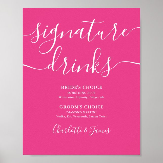 Hot Pink Moderne Hochzeitssignatur Getränke signie Poster (Vorne)
