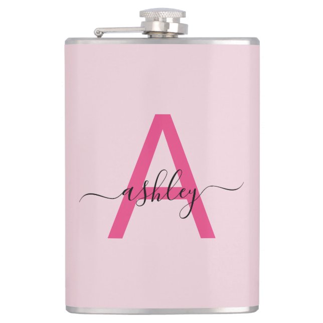 Hot Pink Monogram Girl's Junggeselinnen-Abschied Flachmann (Vorderseite)
