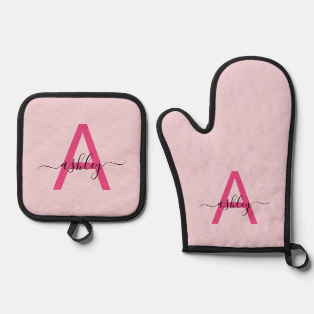 Hot Pink Monogram Girl's Kitchen Script Ofenhandschuh & Topflappen-Set (Vorderseite)