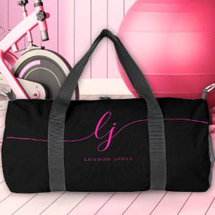 Hot Pink Monogram Modern Girl's Script Initials Duffle Bag