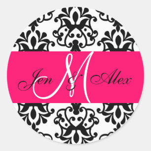 Hot Pink Monogram Names Damask Wedding Siegel Runder Aufkleber