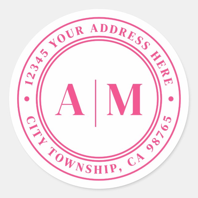 Hot Pink Monogram Return Address Runder Aufkleber (Vorderseite)