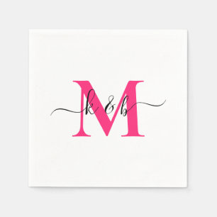Hot Pink Monogram Swash Script White Cocktail Serviette