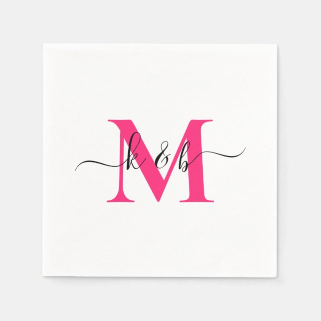 Hot Pink Monogram Swash Script White Cocktail Serviette (Vorderseite)