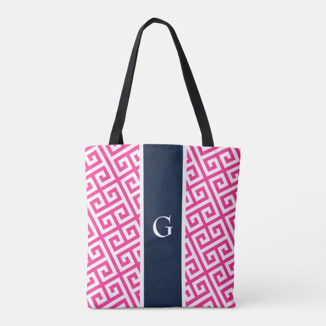 Hot-Pink-Monogramm-Totbeutel mit griechischem Schl Tasche (Rückseite)