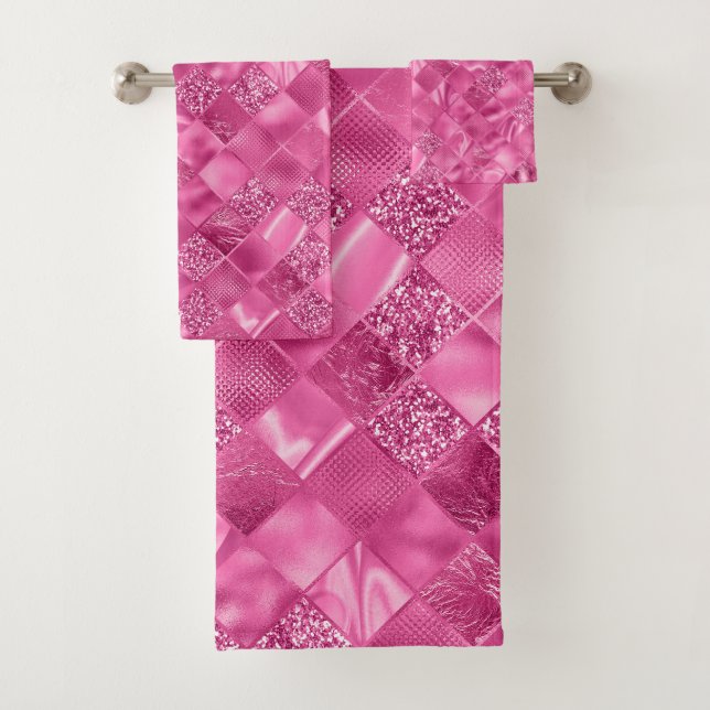 Hot Pink Multi-Texture Square Weave Muster Badhandtuch Set (Insitu)