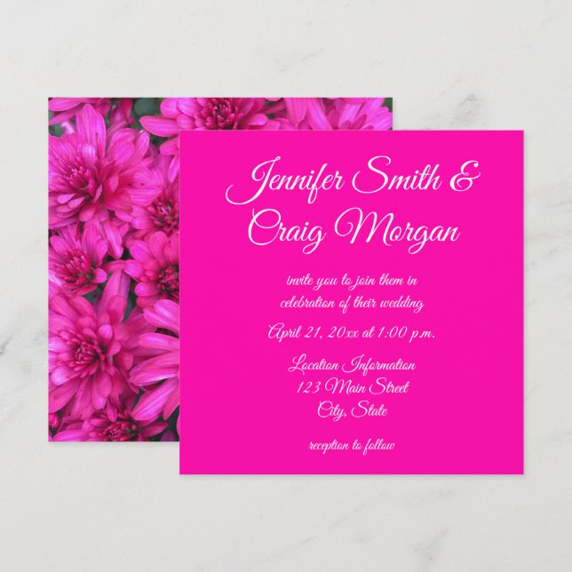 Hot Pink Mums Foto Hochzeit Einladung (Vorne/Hinten)