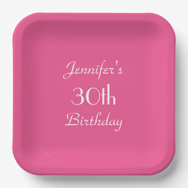 Hot Pink, Name, 30. Geburtstag Party Square Pappteller (Vorderseite)