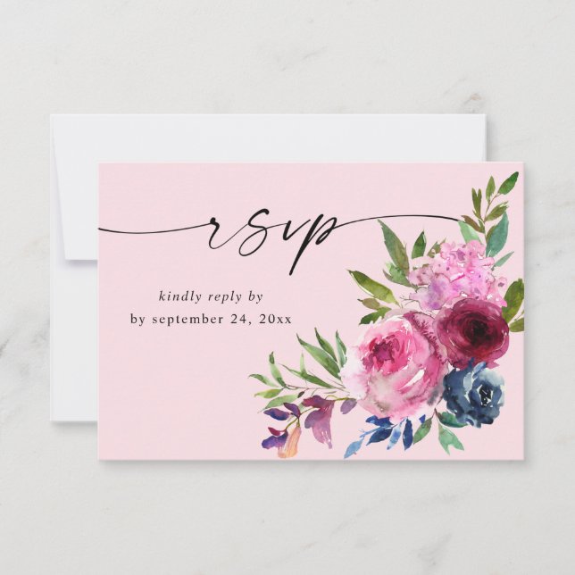 Hot Pink & Navy Blue Floral mit Meal V3 Rosa RSVP Karte (Vorderseite)