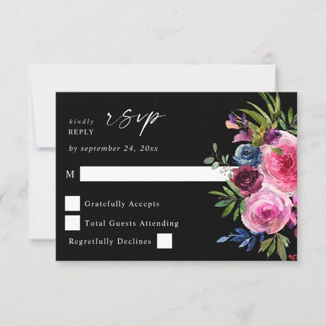 Hot Pink & Navy Blue Floral Nr. Mahlzeit V3 Schwar RSVP Karte (Vorderseite)