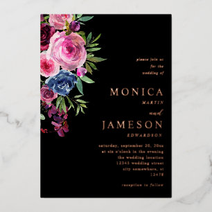 Hot Pink & Navy Blue Floral Wedding 3 Black Folieneinladung