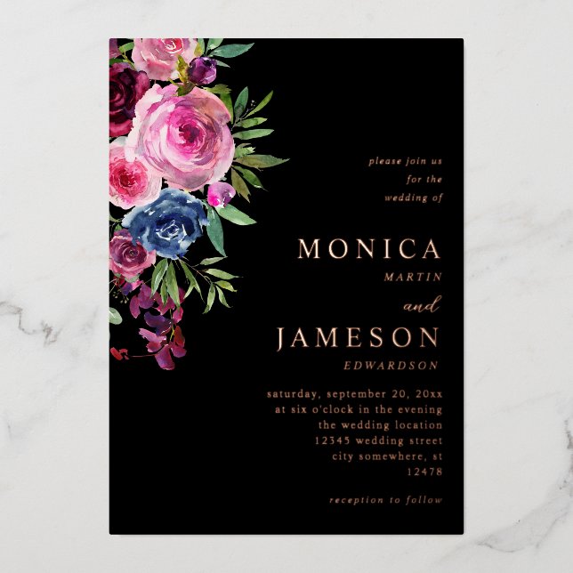 Hot Pink & Navy Blue Floral Wedding 3 Black Folieneinladung (Vorderseite)