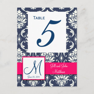 Hot Pink Navy Damask Hochzeitsstiftung Tischnummer