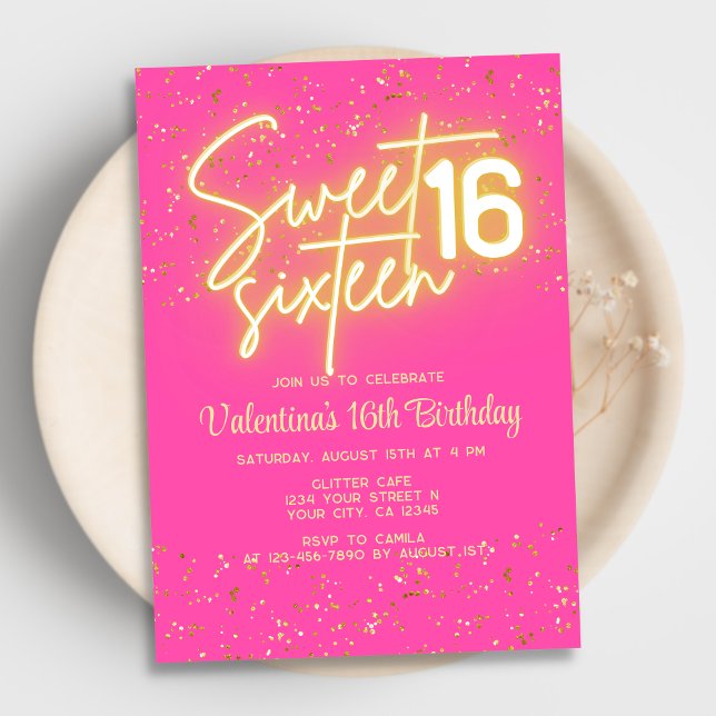 Hot Pink Neon Glow Gold Glitzer Sweet 16 Birthday Einladung (Von Creator hochgeladen)