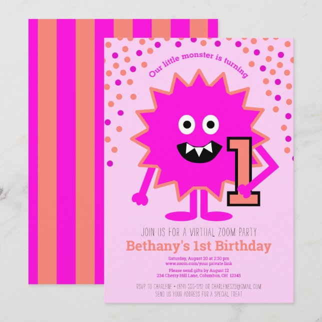 Hot Pink Niedlich Little Monster Virtual 1. Geburt Einladung (Vorne/Hinten)