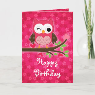 Hot Pink Niedlich Owl Girly Happy Birthday Karte