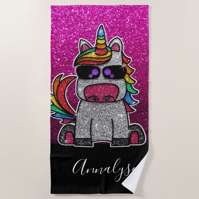 Hot Pink Ombre Glitzer Einhorn Regenbogen Glitzern Strandtuch (Vorderseite)