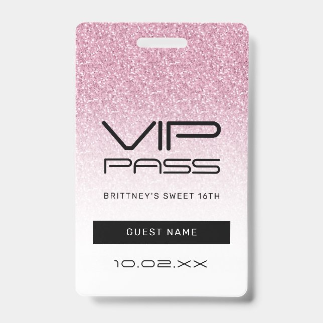 Hot Pink Ombre Glitzer Sweet 16. VIP Pass Ausweis (Front)