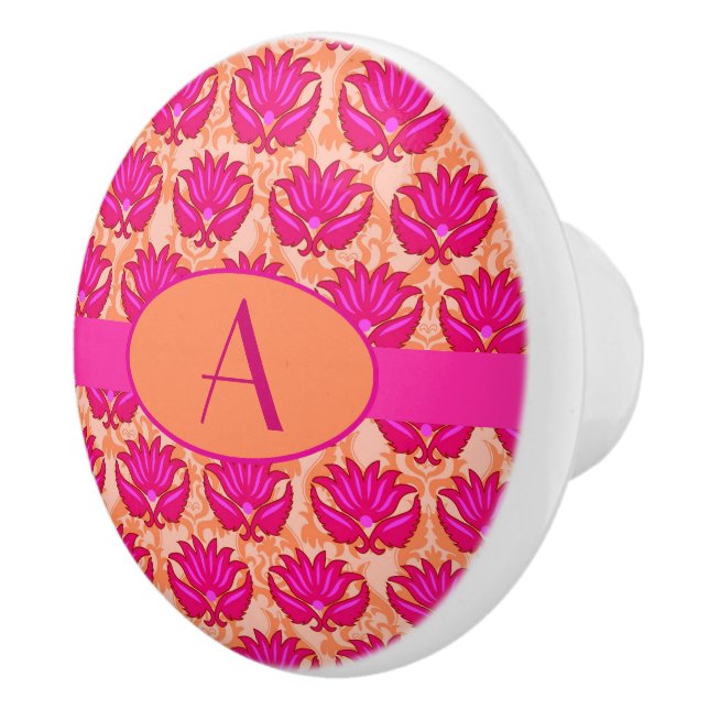Hot Pink Orange Art Nouveau Damask Monogramm Keramikknauf (Rechts)