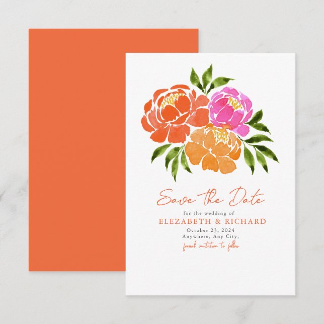 Hot Pink Orange Bouquet Blumensommer Save The Date (Vorne/Hinten)