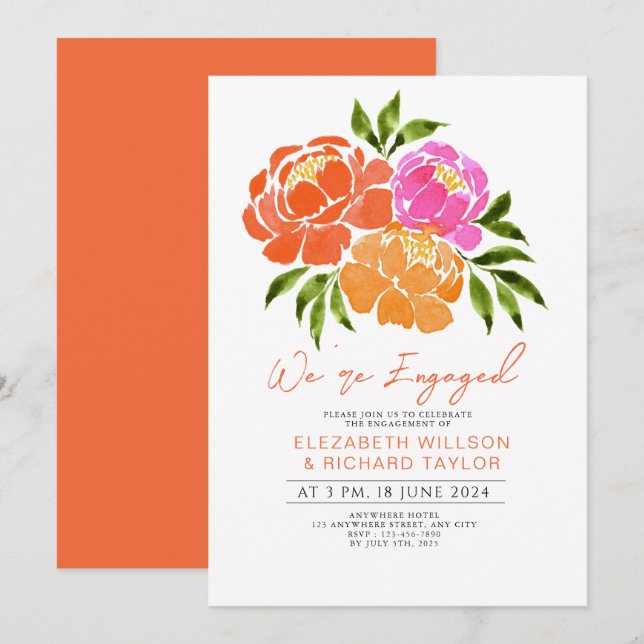 Hot Pink Orange Floral Engagement Party Einladung (Vorne/Hinten)