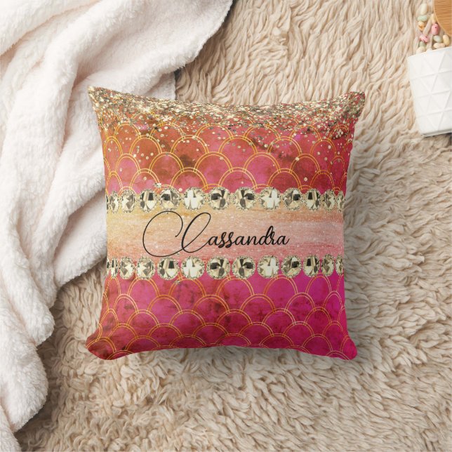 Hot Pink Orange Glittery Diamant Blend Kissen (Decke)