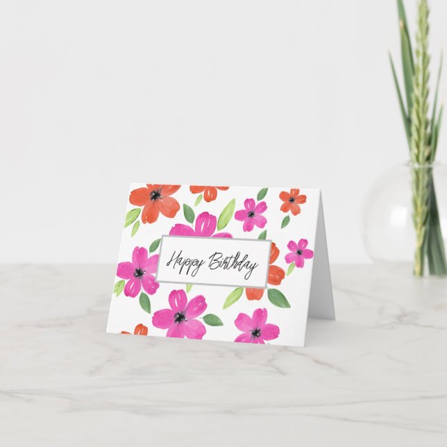 Hot Pink & Orange Wasserfarbe Blumenmotiv Karte (Vorderseite)
