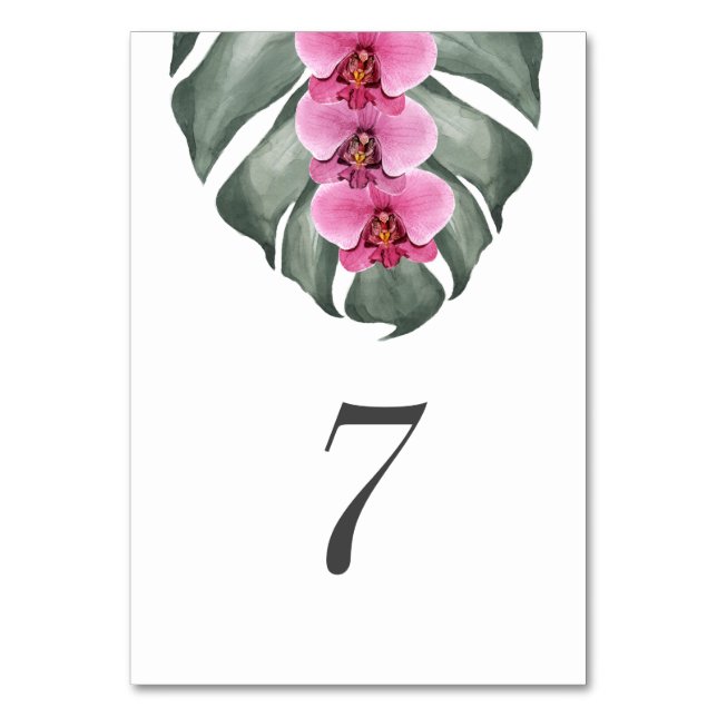 Hot Pink Orchid auf Monstera Tropische Hochzeit Tischnummer (Vorderseite)