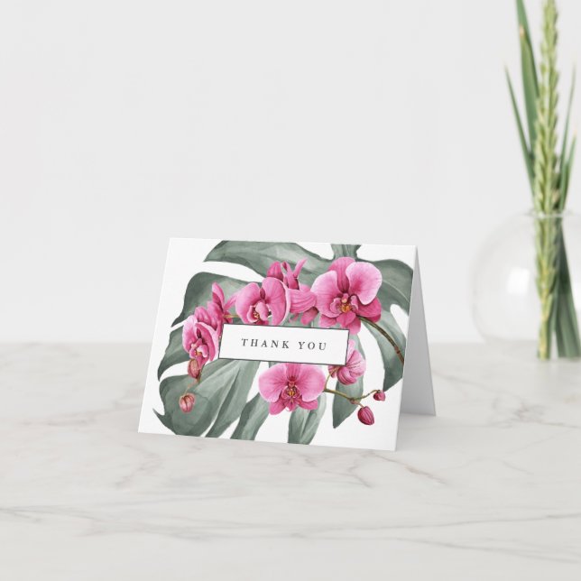 Hot Pink Orchideen auf Monstera Tropical Vielen Da Dankeskarte (Vorderseite)