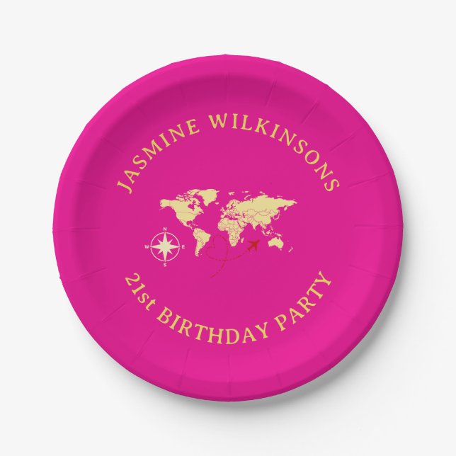 Hot Pink Passport Style 21st Birthday Party  Pappteller (Vorderseite)