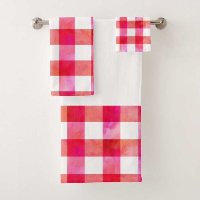 Hot Pink Peach Wasserfarbe Kariert Badhandtuch Set (Insitu)