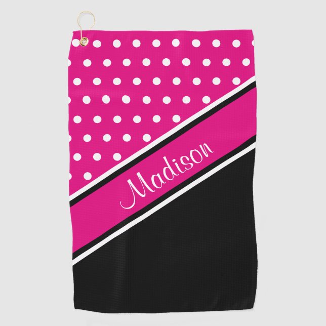Hot Pink Polka Dot Black Diagonal Script Name Golfhandtuch (Vorderseite)