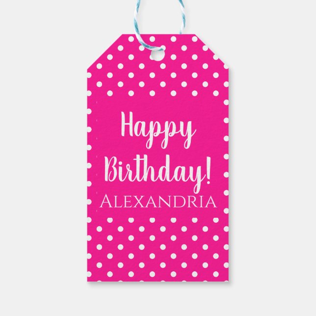 Hot Pink Polka Dot Geburtsname Geschenkanhänger (Rückseite)