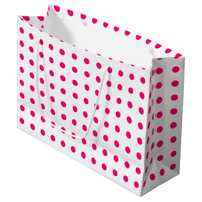 Hot Pink Polka Dots Große Geschenktüte (Vorderseite Schrägansicht)