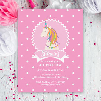 Hot Pink Polka Dots Magical Unicorn Girl Birthday Einladung