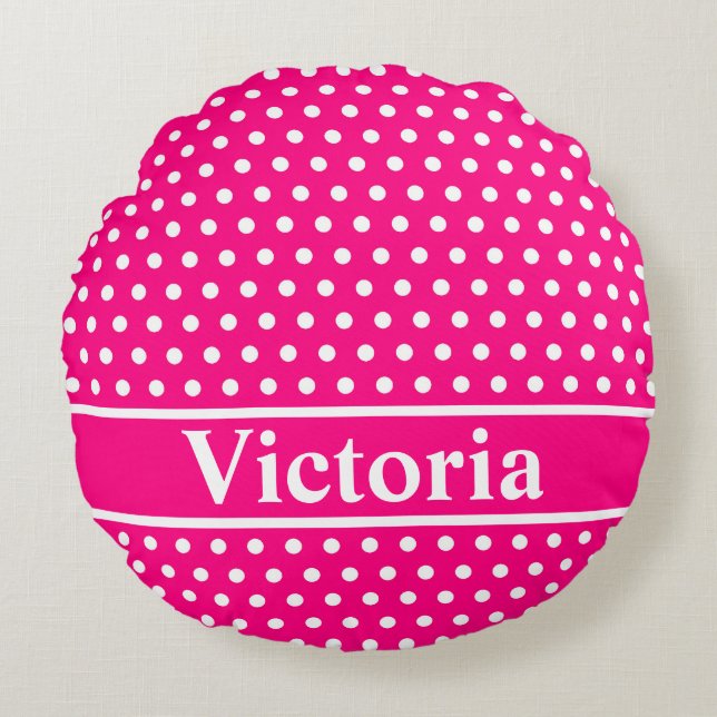 Hot Pink Polka Dots Rundes Kissen (Vorderseite)