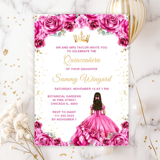 Hot Pink Princess Floral Quinceñera Einladung (Von Creator hochgeladen)