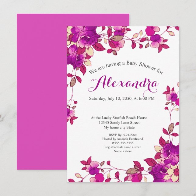 Hot-pink Rasberry Floral Baby Dusche Einladung (Vorne/Hinten)