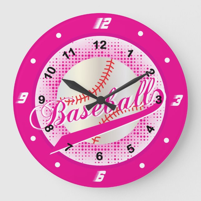 Hot Pink Retro Baseball Style Große Wanduhr (Vorderseite)